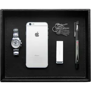 Faux Leather Vanity Tray, Elegant Desktop Storage Organizer, Decorative Catchall for Perfume, Bathroom Valet, Nightstand or Dresser, Black, 10.2 x 8.4 x 1.8 Inches