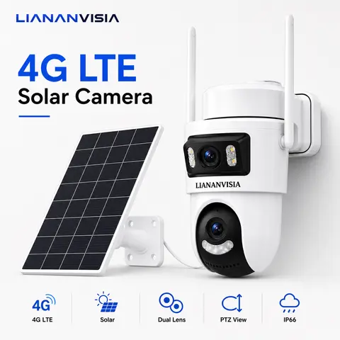 LIANANVISIA Outdoor 4G Cellular Solar Security Camera, Dual Lens Dual View, No WiFi Needed, Built-in SIM, 2K HD PTZ Camera, AI Human Detection, Auto Tracking, Color Night Vision, Two-Way Audio, Light & Siren Alarm, IP66 Weatherproof, Wireless, Wireless Se
