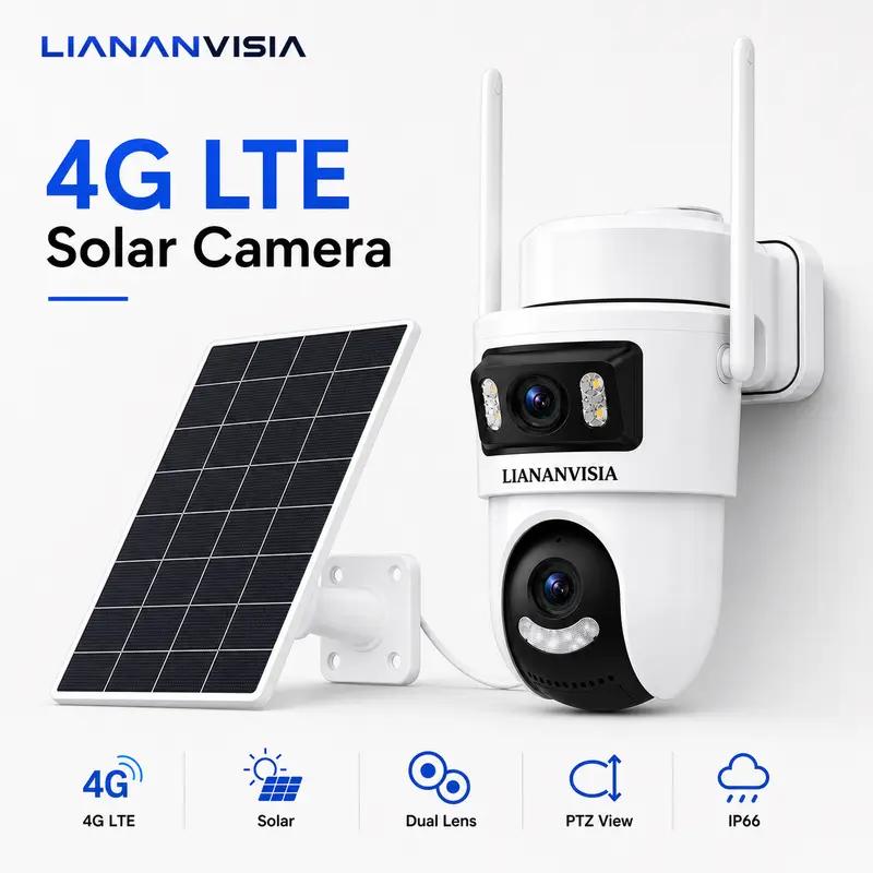 LIANANVISIA Outdoor 4G Cellular Solar Security Camera, Dual Lens Dual View, No WiFi Needed, Built-in SIM, 2K HD PTZ Camera, AI Human Detection, Auto Tracking, Color Night Vision, Two-Way Audio, Light & Siren Alarm, IP66 Weatherproof, Wireless, Wireless Se