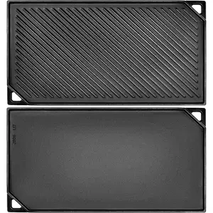 Reversible Cast Iron Griddle, Double-sided Griddle Pan for Stove Tops, Gas Grills and Outdoor Cooking, 16.5 x 9.5 Baking Flat and Ribbed Griddle Plate