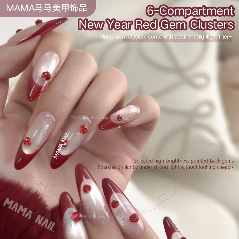 Spring Nails 2026 | 6-Compartment Red Gem Clusters, Highly Saturated True Red Stacked Nail Rhinestones for DIY Manicure & Nail Art