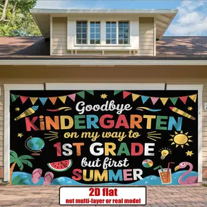 1PC,2D Flat Backdrop Kindergarten Graduation Backdrop, Goodbye Kindergarten On My Way To 1st Grade But First Summer Themed Party Decoration, With Flamingo Watermelon Elements, Photo Background For Ki