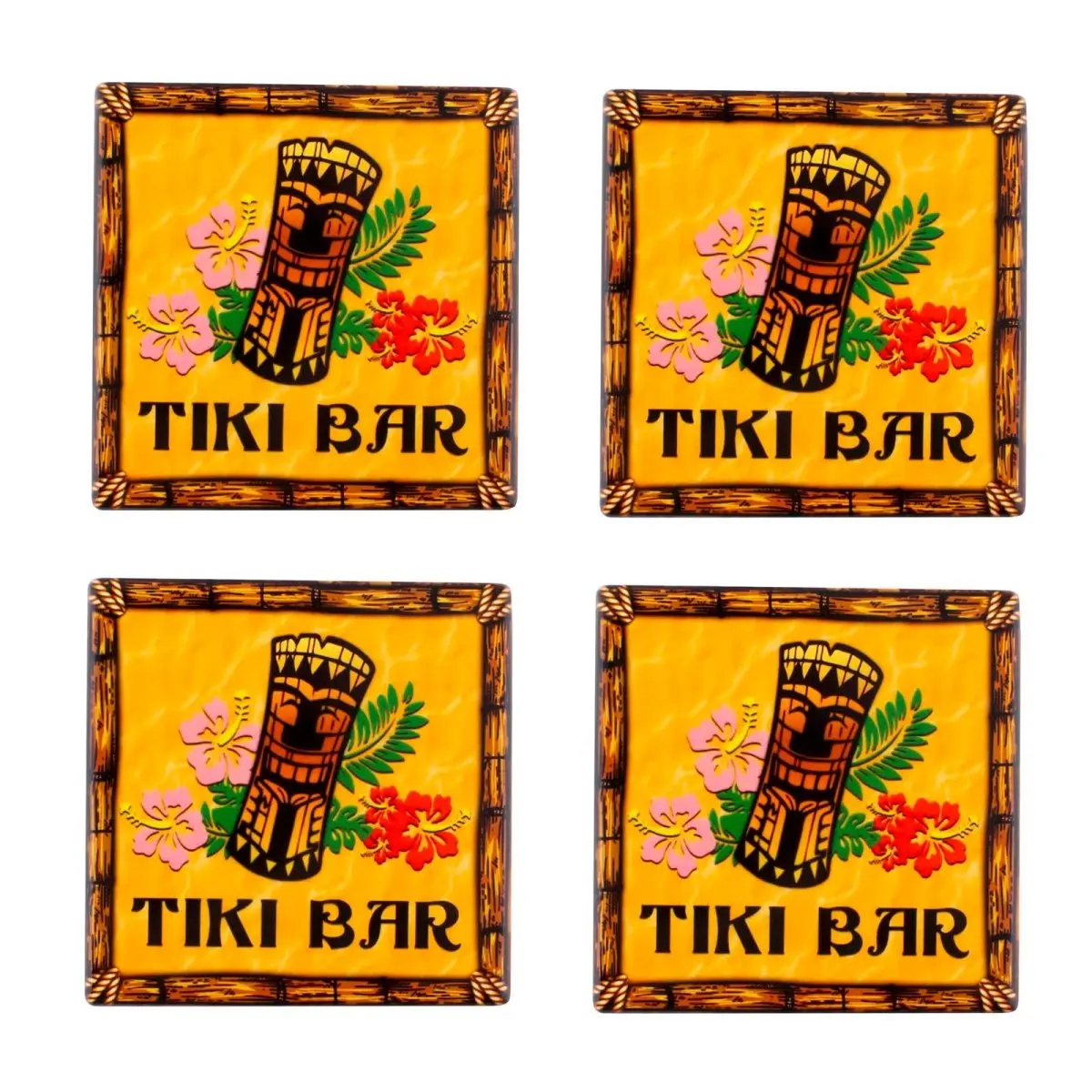 BarConic® 4-Pack Colorful Vibrant Square Reusable Ceramic Tiki Coasters - 3.75"x3.75", Cork Bottom, Easy-to-Clean, Tiki Bar Kitchen & Dining Tableware (Emphasizes Reusability)