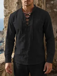 Spring and Autumn men's stand-up collar loose long-sleeved casual Classic Henley shirt, medieval retro linen drawstring T-shirt, Loose shirts, suitable for daily wear, vacation, outdoor sports, essential for men's wardrobes