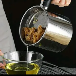 2pcs Stainless Steel Kitchen Grease Container with Strainer Essential Accessories Easy Pour Handle for Cooking Oils Fats Grease Jar Dispenser Utensils