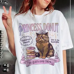 T Shirt Princess Donut Cat With Crown And Donuts Graphic Print For Casual Wear And Fun Outfits Bookish Apparel for Book Lovers
