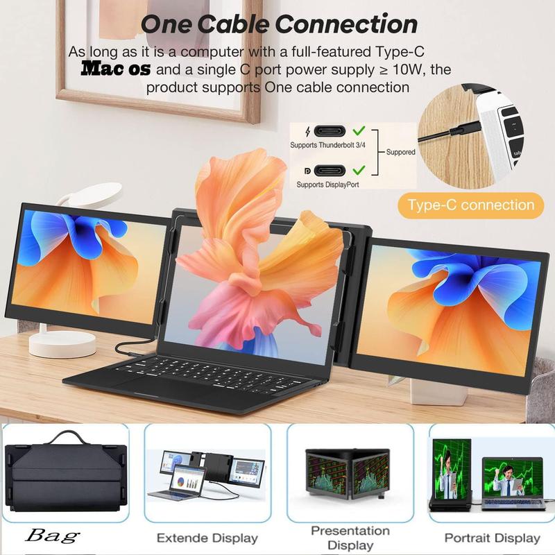 【OPENBOX】Triple Portable Monitor for Laptop Screen Extender Dual Monitor 12 Inch FHD 1080P Tri Screen Display One Type-C Cable Connect for 13.3-16.5 Inch Laptop【MacBook Only】