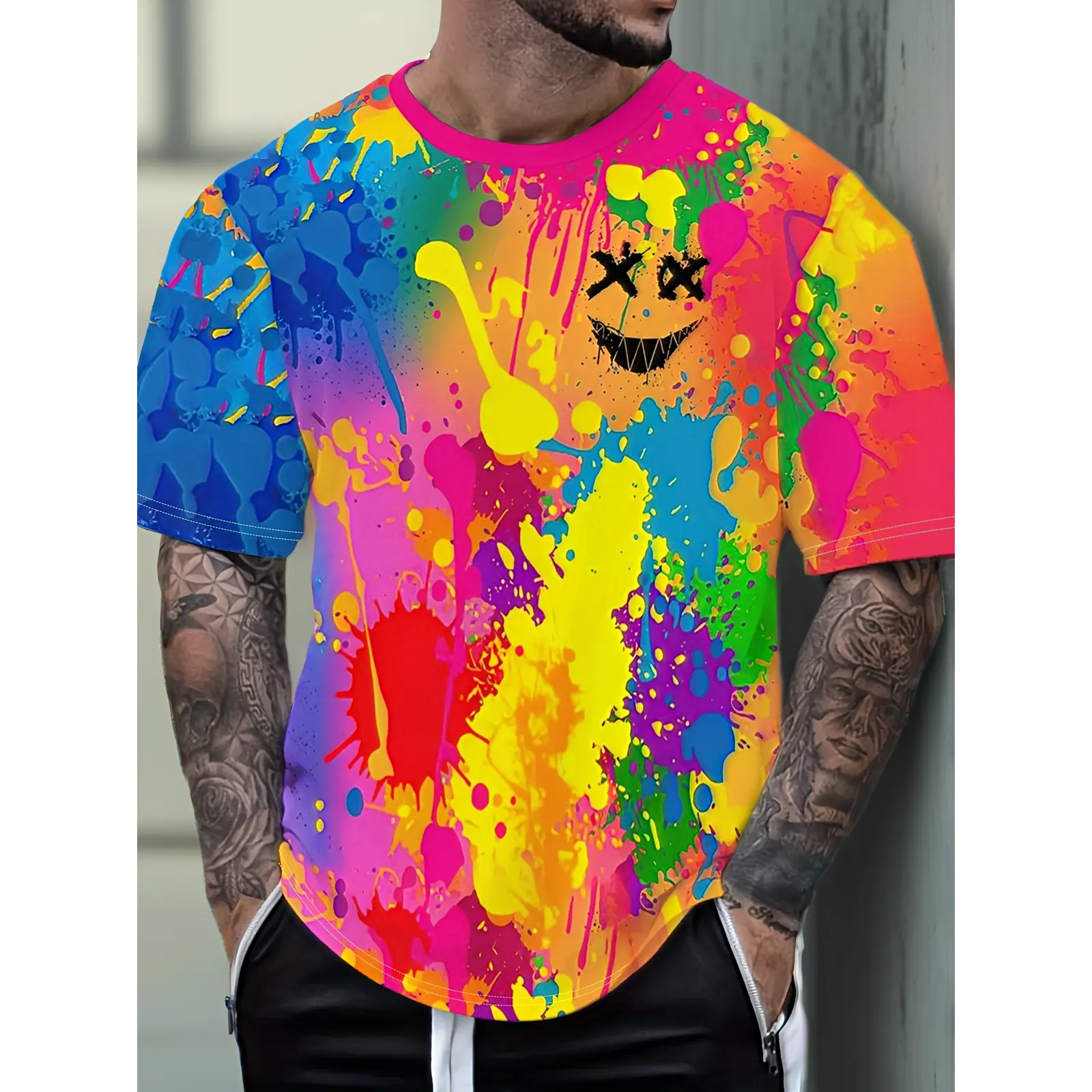Men'S Casual Short-Sleeve T-Shirt Featuring Vibrant Tie-Dye Prints, Suitable for Outdoor Activities in Spring And Summer, Spring Outdoor Clothing Crew Neck T-Shirt Polyester Fiber Shirt