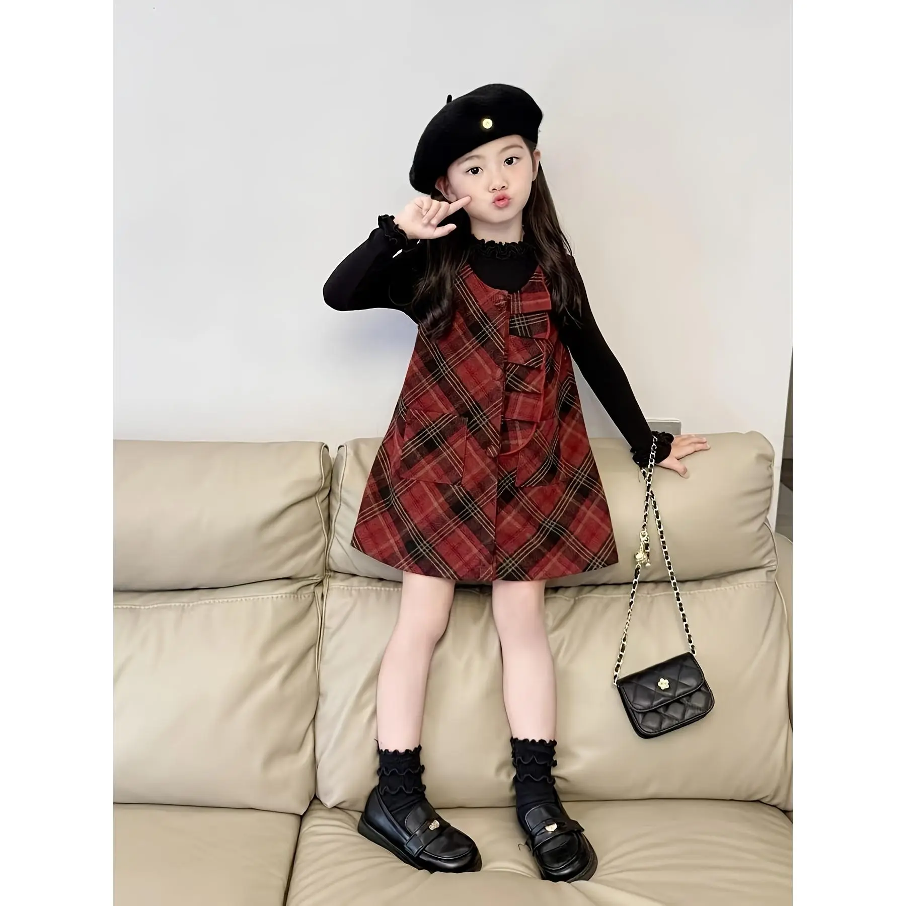 Girls' Casual Plaid Dress, Korean Style Long Sleeve Crew Neck Red Diamond Lattice Polyester for Spring Parties