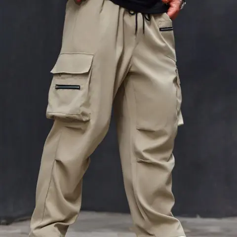 [Plus Size] Solid Casual Comfy Pocket Adjustable Drawstring Waist Cargo Pants, Casual Street Zipper Design Trousers for Daily Wear, Men's Bottoms for All Seasons, Casual Cargo Style