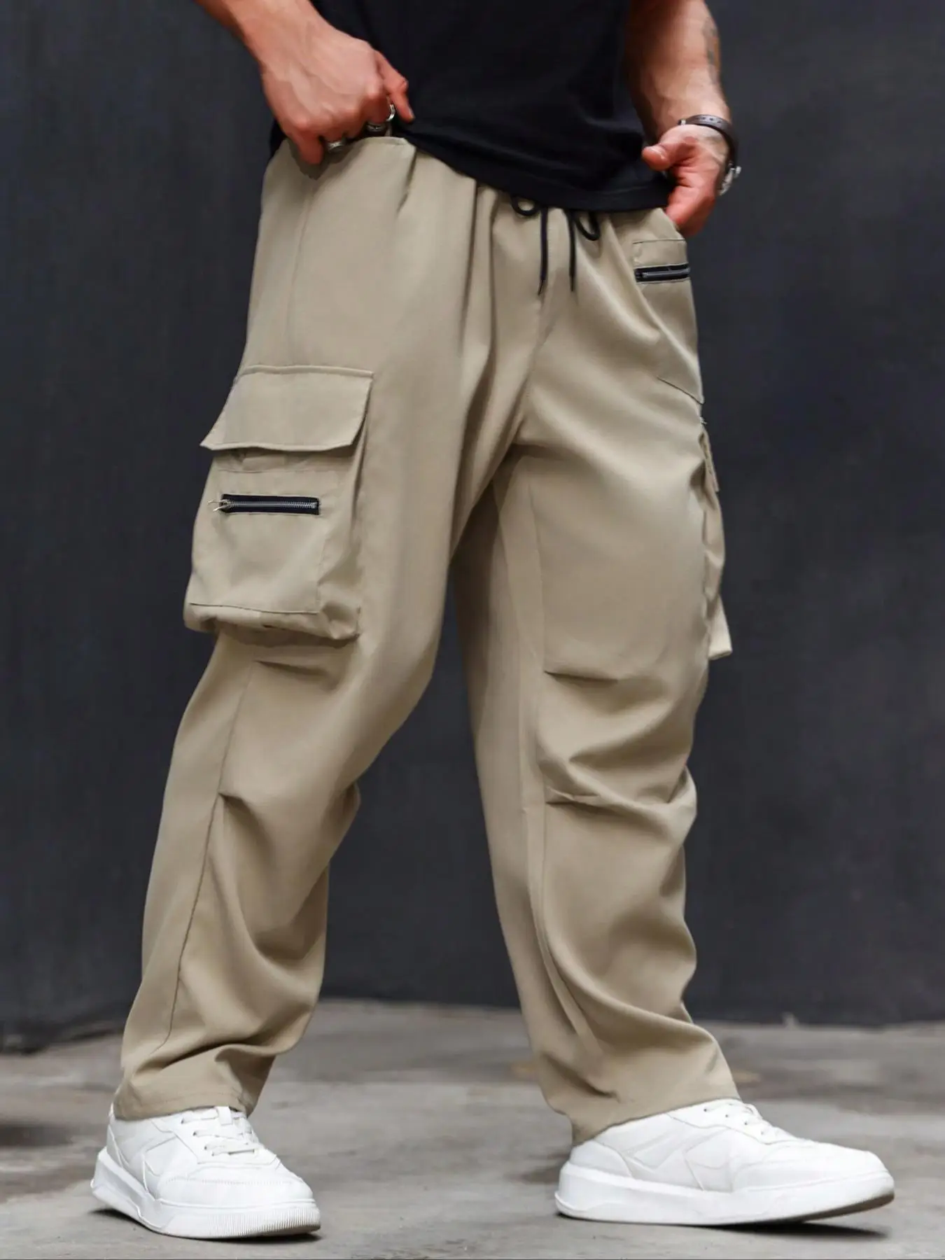 【plus Size】 Solid Pocket Drawstring Waist Cargo Pants, Casual Street Zipper Design Trousers for Daily Wear, Men's Bottoms for All Seasons, Comfy Pant