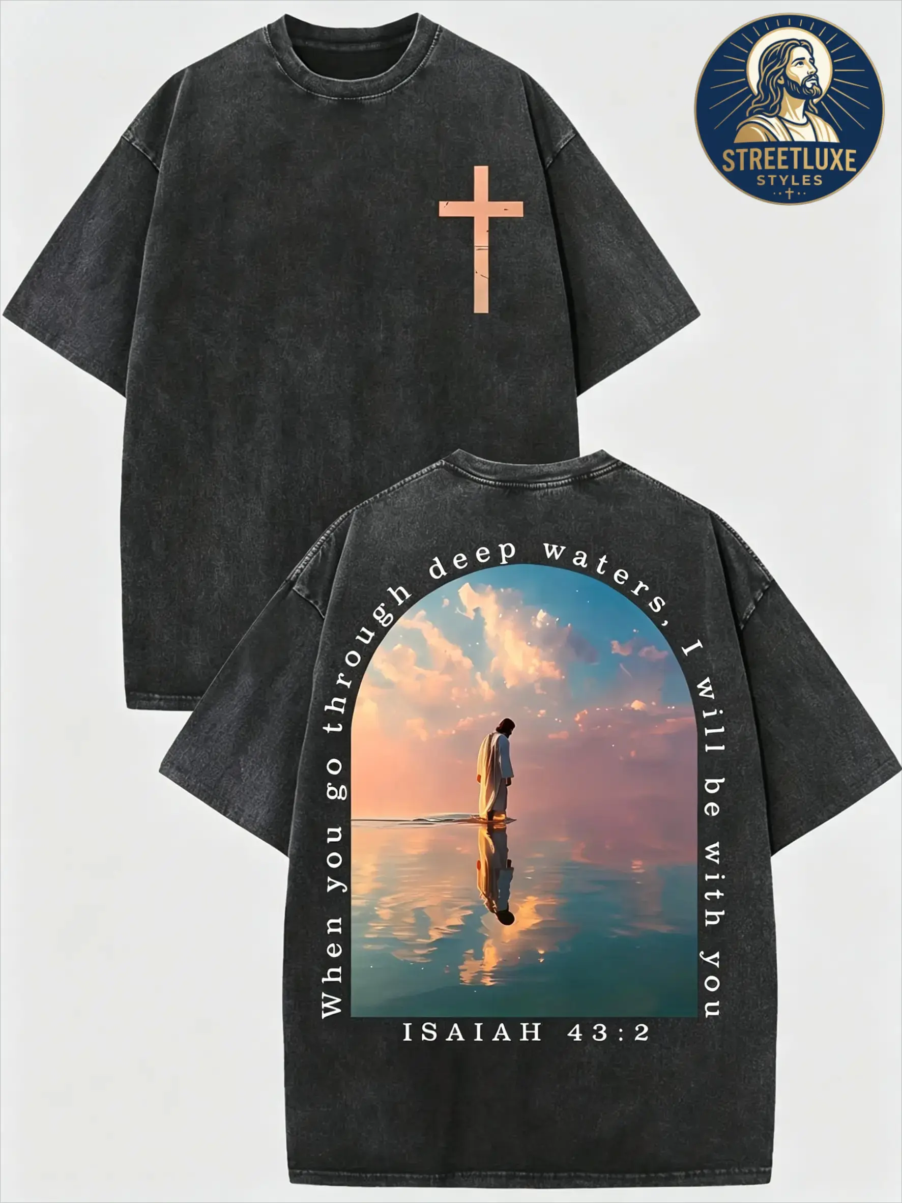 Men's 230g Washed Pure Cotton Short-Sleeve Round Neck T-Shirt, Cross & Isaiah Verse Design, Double-Sided Print, Distressed Drop-Shoulder Retro Y2K Vintage Streetwear, Casual Menswear Summer Top,summervibes