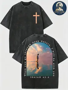 Men's 230g Washed Pure Cotton Short-Sleeve Round Neck T-Shirt, Cross & Isaiah Verse Design, Double-Sided Print, Distressed Drop-Shoulder Retro Y2K Vintage Streetwear, Casual Menswear Summer Top,summervibes