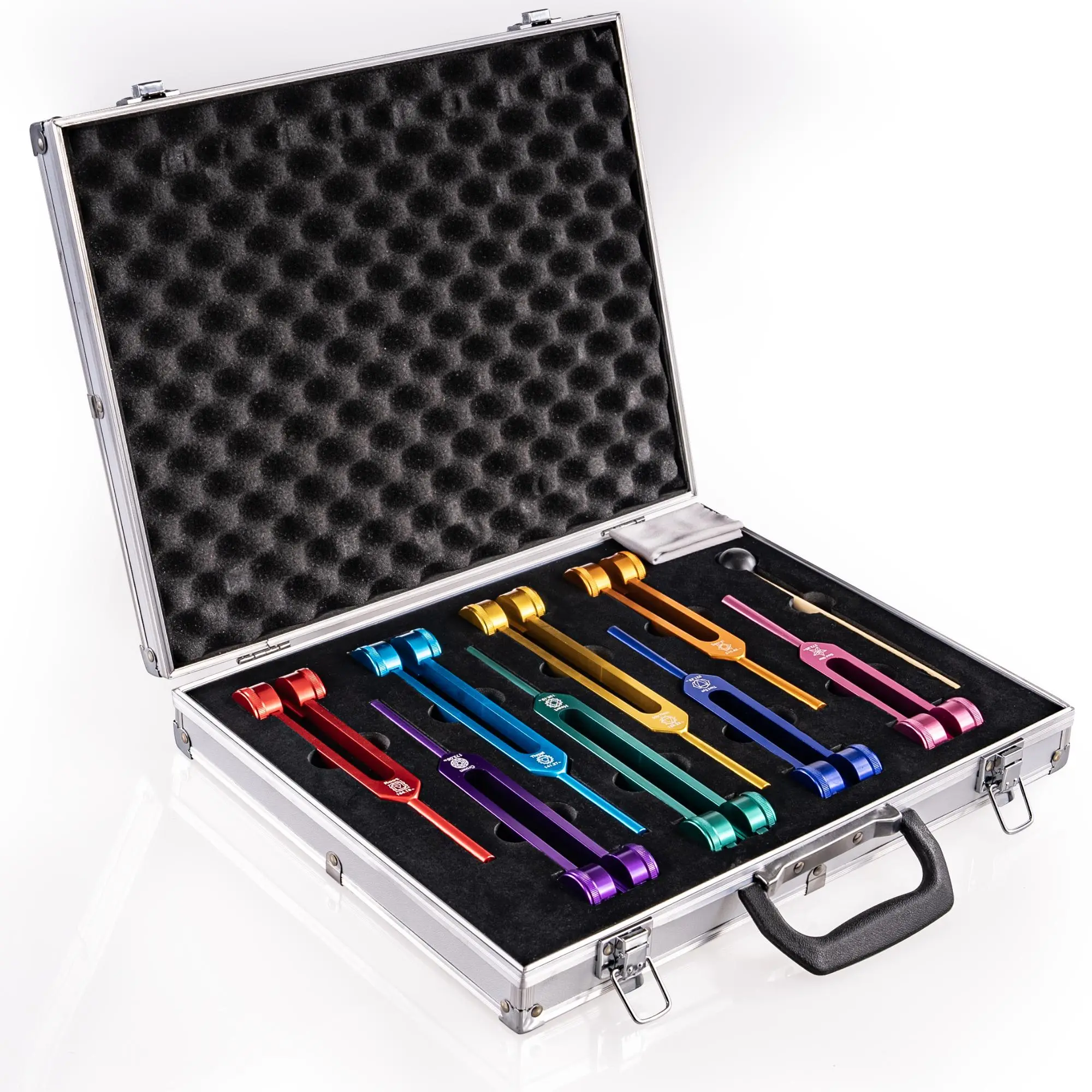 Tuning fork for healing set– 8-Piece Weighted Metal Frequency Forks (7 Frequencies + 1 Special), Includes Activator & Durable Aluminum Storage Box – For Calibration, Testing & Educational Use