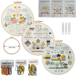 Beginner Embroidery Kit 3 Piece Basic Practice Set with English Stitch Guide DIY Needlework Craft Materials for Skill Training Home Art Project