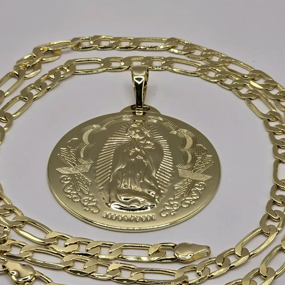 Virgin of Guadalupe Round Medal XL with Gold Chain Necklace for Religious Jewelry
