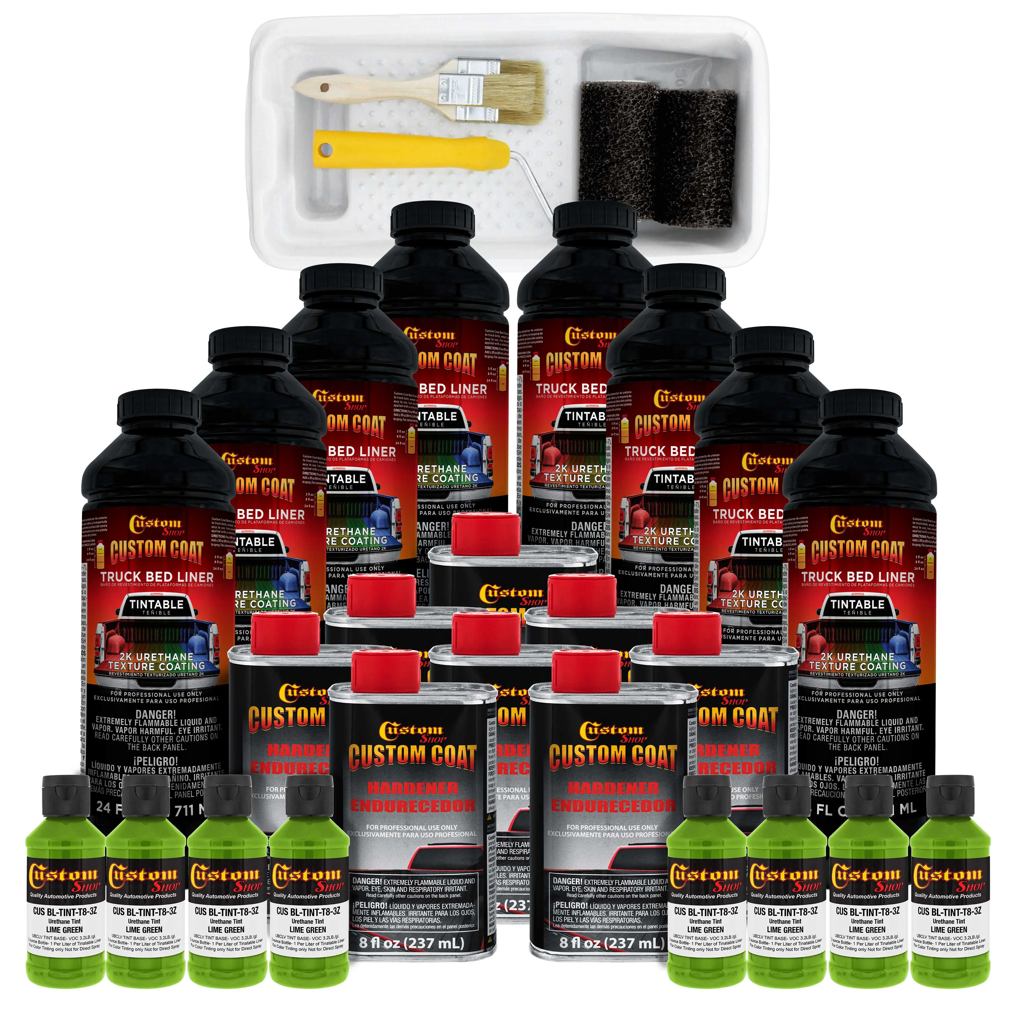 Lime Green 2 Gallon Urethane Roll-On, Brush-On or Spray-On Truck Bed Liner Kit with Roller and Brush Applicator Kit - Textured Protective Coating