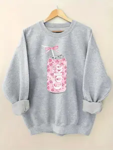 Women's Coca Cola & Butterfly Print Crew Neck Sweatshirt, Casual Long Sleeve Pullover for Fall & Winter, Women's Clothes for Daily Wear, Womenswear, Casual Comfy Pullover