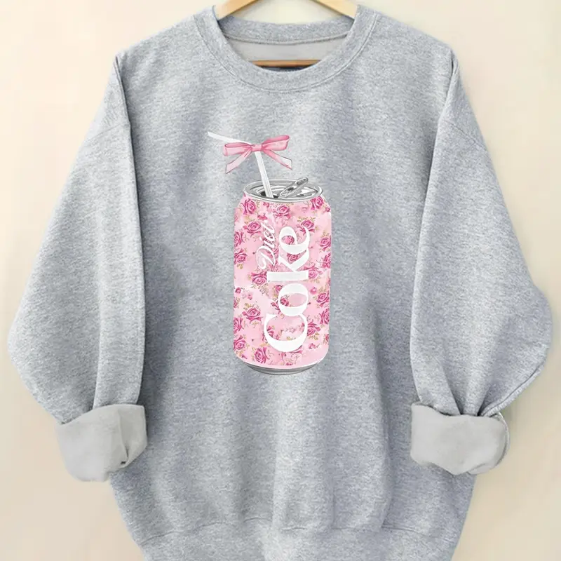 Women's Coca Cola & Butterfly Print Crew Neck Sweatshirt, Casual Long Sleeve Pullover for Fall & Winter, Cute Cozy Sweatshirt, Women's Clothes for Daily Wear, Womenswear, Casual Comfy Pullover, Casual Pullover Sweatshirts