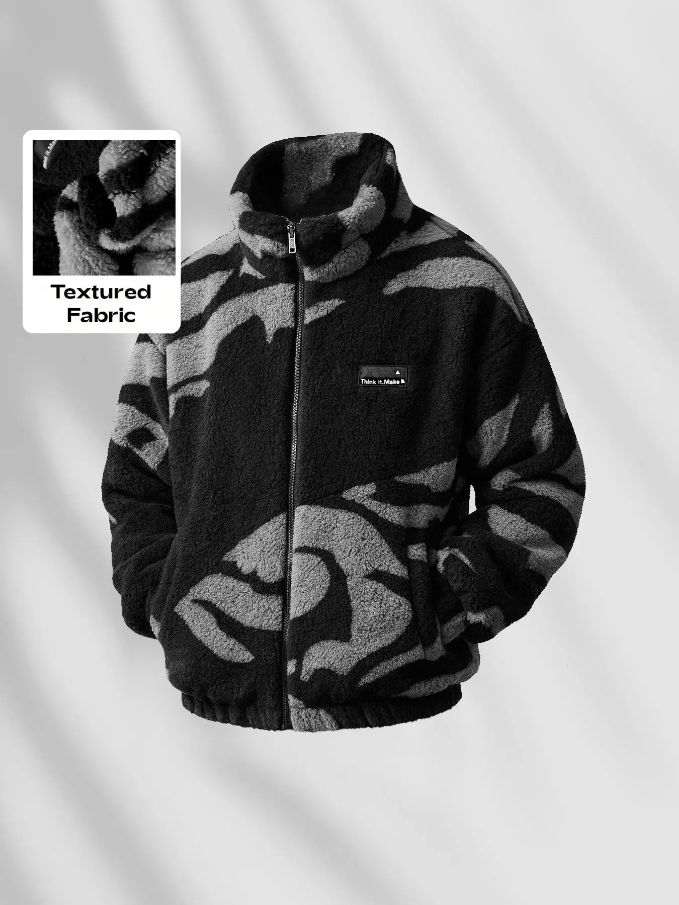 Unisex High-Insulated Fleece Jacket, Camo Pattern, Lamb Fur Full Zip Outerwear, Hip-Hop Style Stand Collar Coat