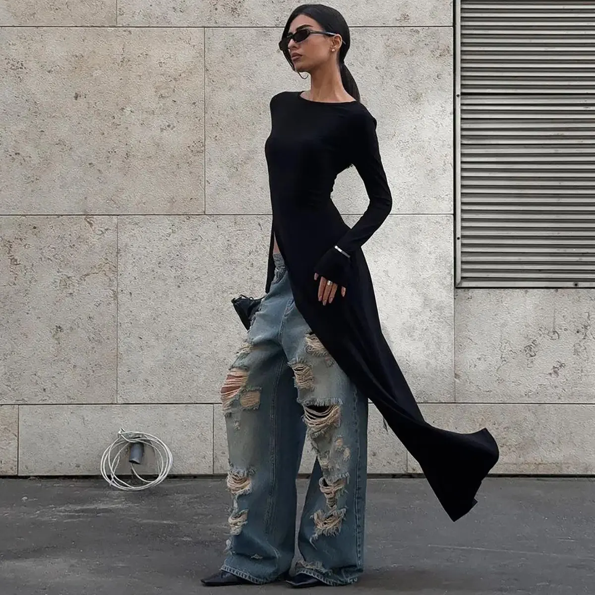 Asymmetrical Split Hem Dress, New Autumn/Winter Fashion Street Style Round Neck Long Sleeve Unique Irregular Dress