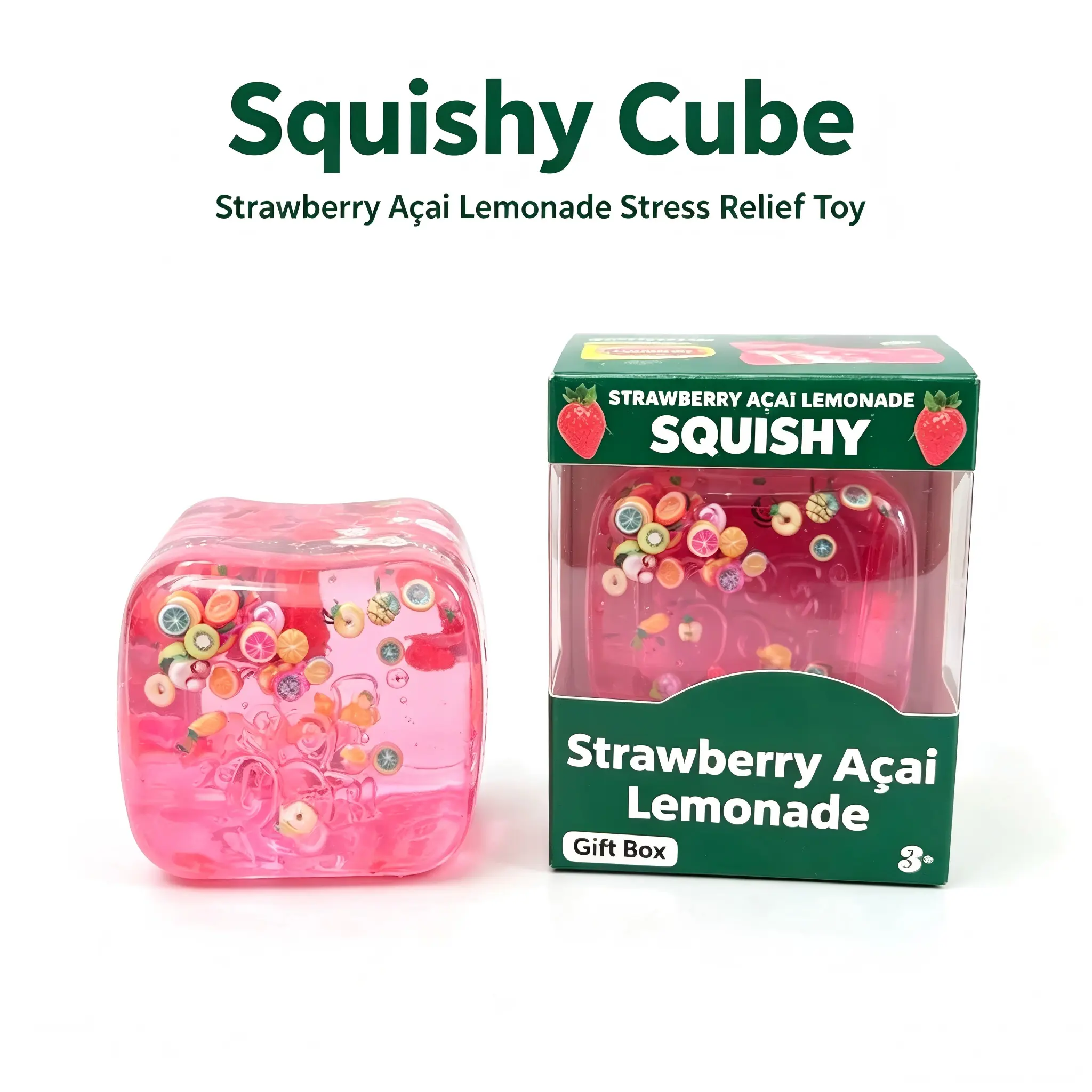 Squishy Cube Strawberry Açaí Lemonade Liquid Squish Fidget Toy, Clear Jelly Floating Fruit Charms Stress Relief Cube, Silent Pocket Sensory Anxiety Squishy, Novelty Desk Decor Gift Box Toy for Kids Teens Adults