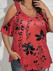 Women's Summer New Floral Print Off-Shoulder Loose T-Shirt, Casual Fashion Top, Comfortable, Stylish and Chic, Perfect for Daily Wear, Womenswear