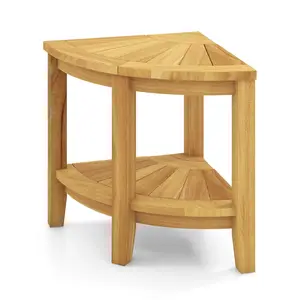 COSTWAY - Teak Wood Shower Bench with Storage Shelf for Inside Shower to Sit on