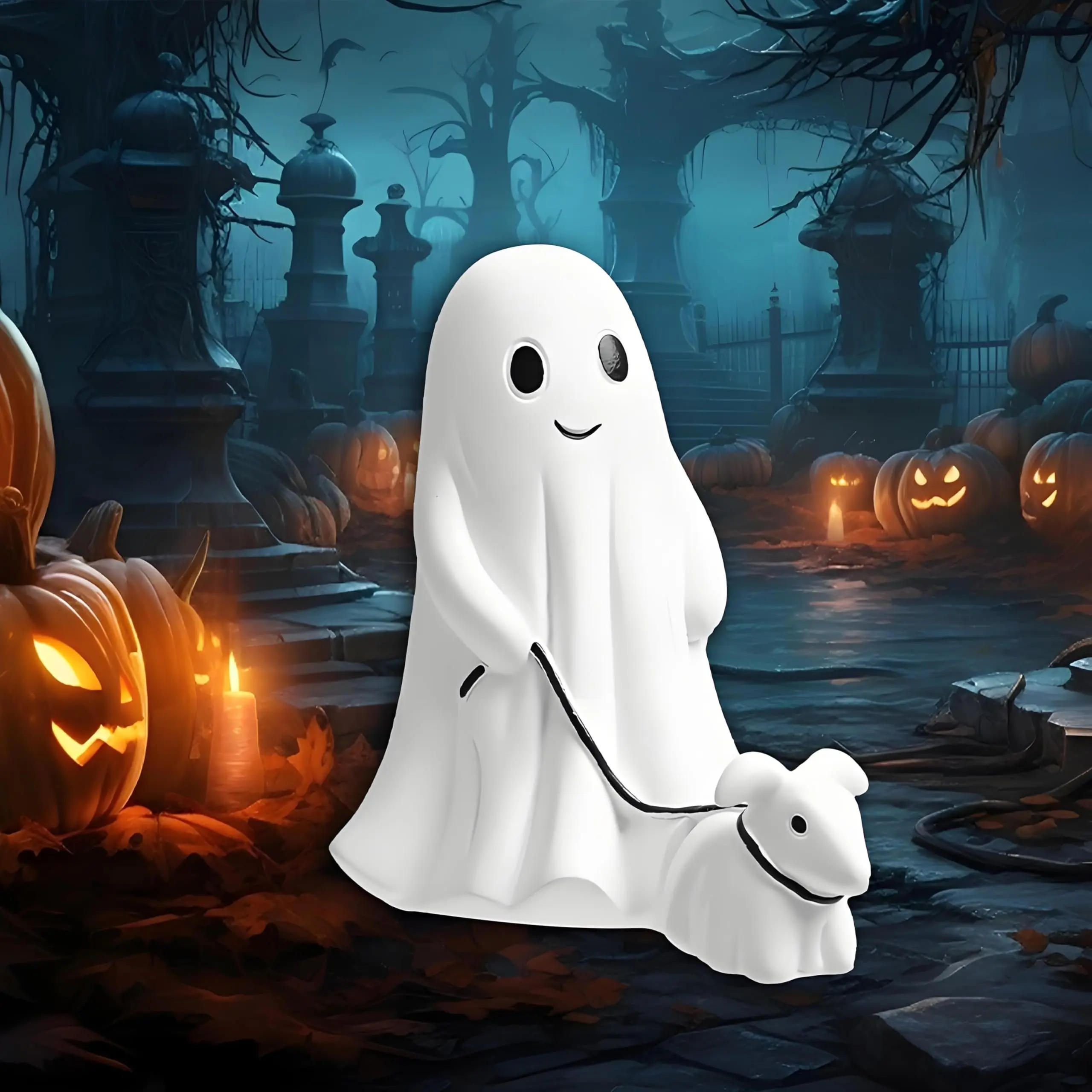 Halloween Ghost Walking Dog Statue, Spooky Halloween Figurine, Cute Resin Ghost Dog for Home Front Porch Indoor Outdoor Garden Tabletop Sculpture Decoration