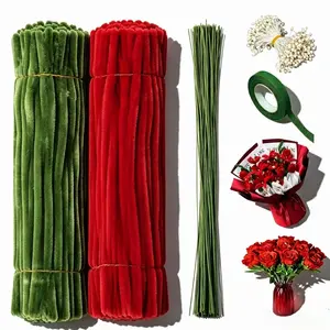 331 Pipe Cleaner Craft Set, Pipe Cleaner Flower Bouquet Making Kit, Packaged in 2 Different Color Boxes; DIY Flower Making Toolkit (Includes Floral Wire, Gardening Tape, and Stamens) (Red and Army Green Set).