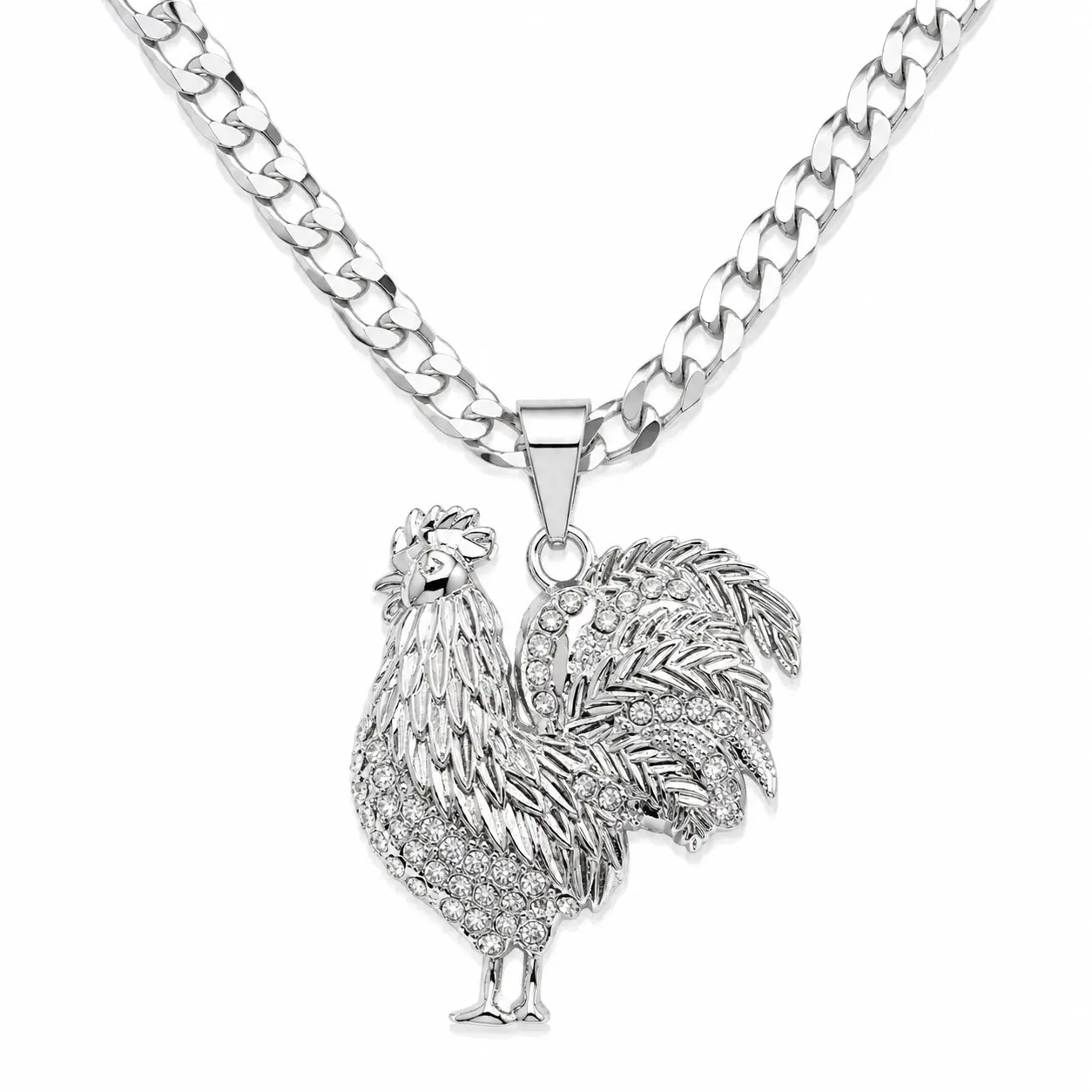 S925 Rooster white Zirconia Pendant Necklace – 6MM Flat Cuban Chain, 24” – Silver Plated