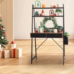 【Christmas Gift】Freestanding Ladder Desk with 2 Fabric Drawers & Side Bag, Small Home Office Study Reading Desk with Power Outlets, 2 Tier Shelf & Computer Gaming Station, Small Space