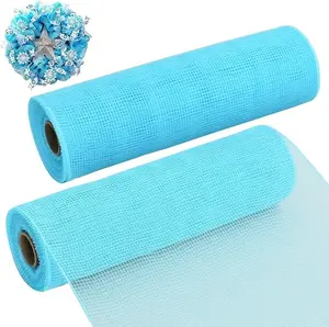 2 Rolls 10 Inch Light Blue Decorative Mesh Ribbbon Rolls, Fabric Mesh for Mesh Wreath Supplies, Front Door Wreath Crafts Tree Decor Christmas NewYears Halloween Decoration (10 yds/roll)