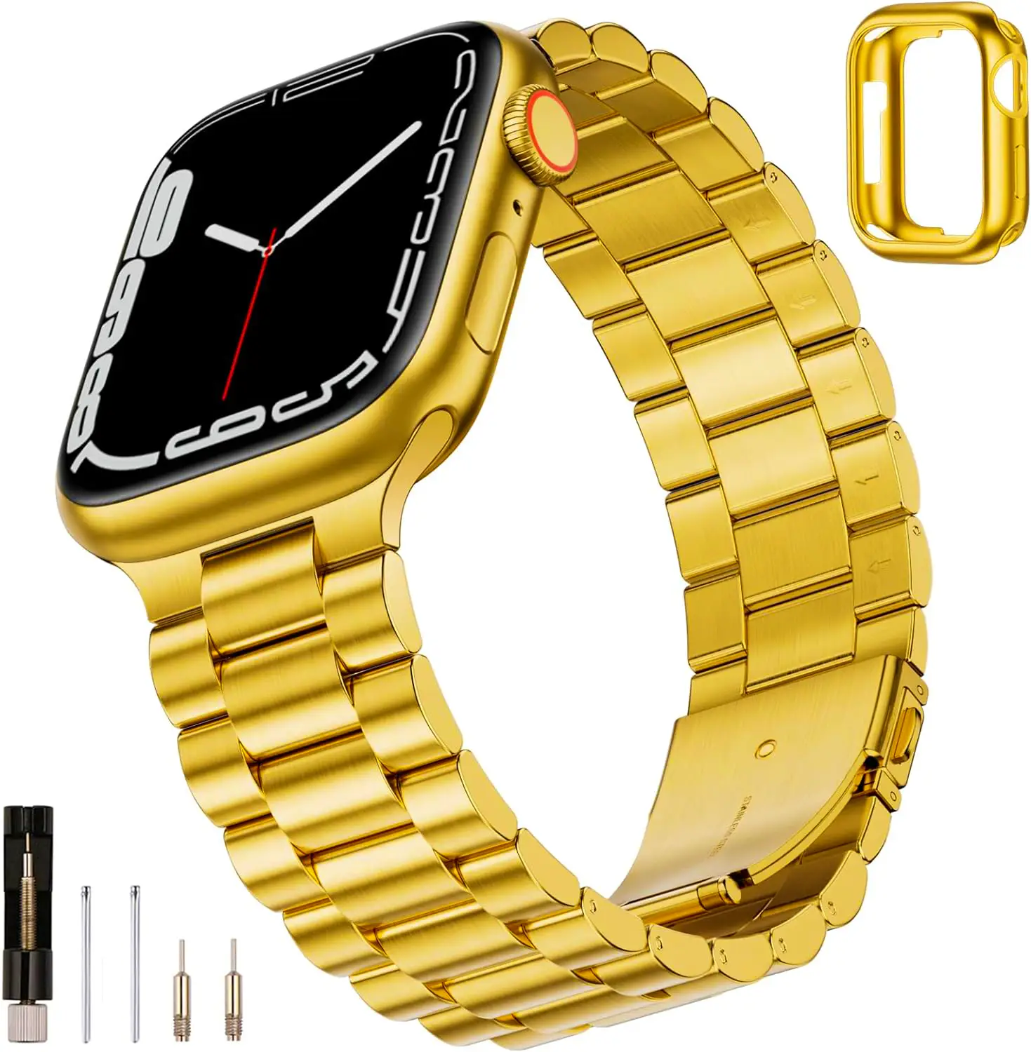 Sunfwr Stylish Metal Smartwatch Band with Watch Case, Compatible with iWatch Band 38mm 40mm 41mm 44mm 42mm 45mm 49mm, Luxury Stainless Steel Strap Men