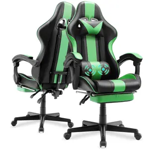 Green Gaming Chair, Ergonomic Gamer Game Chair with Footrest & Massage Lumbar Pillow, High Back Reclining Office Vedio Computer Chair for Adult