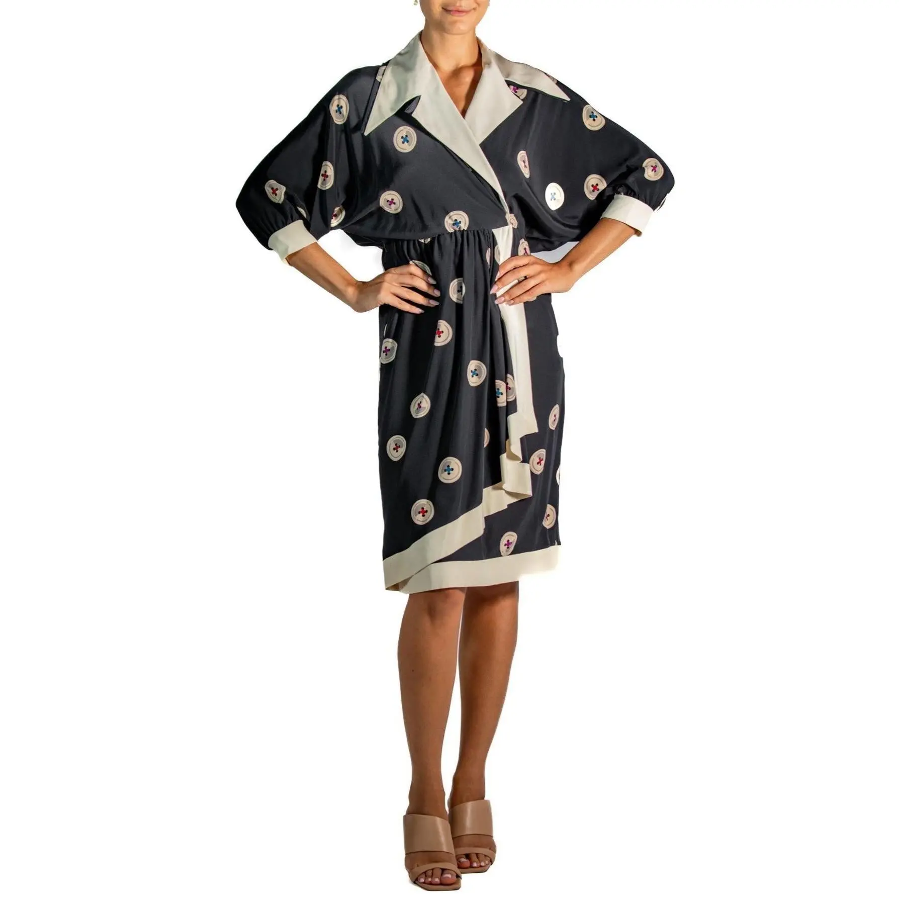 1980S KARL LAGERFELD CHLOE Black & White Silk Crepe De Chine Famous Button Print Dress