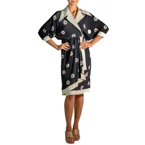 1980S KARL LAGERFELD CHLOE Black & White Silk Crepe De Chine Famous Button Print Dress