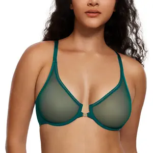 Deyllo Women's Front Hook Closure See-Through Underwire Bra Sheer Unlined Racerback Bra with Adjustable Straps for Everyday Comfort & Support Lingerie