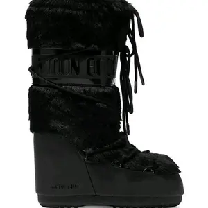Moon Boots Women's Black Faux Fur Mid-Calf Wedge Snow Boots with Lace-Up Closure and Comfortable Sole