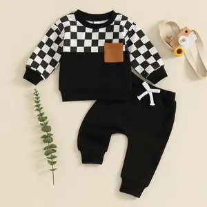 Toddler Boy Spring Fall Clothes Checkerboard Print Long Sleeve Pocket Sweatshirt with Solid Color Pants 2Pcs Outfits