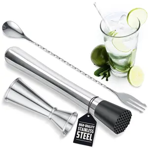 Muddler & Spoon Set for Cocktails, 304 Stainless Steel 10" Bar Muddler, 12" Cocktail Spoon, 1 Oz 2 Oz Jigger, 3 PCS Cocktail Set for Margaritas, Mojitos and Fruit Drinks Bar Tool Set Silver,Car Interior Accessories Utensils Sturdy