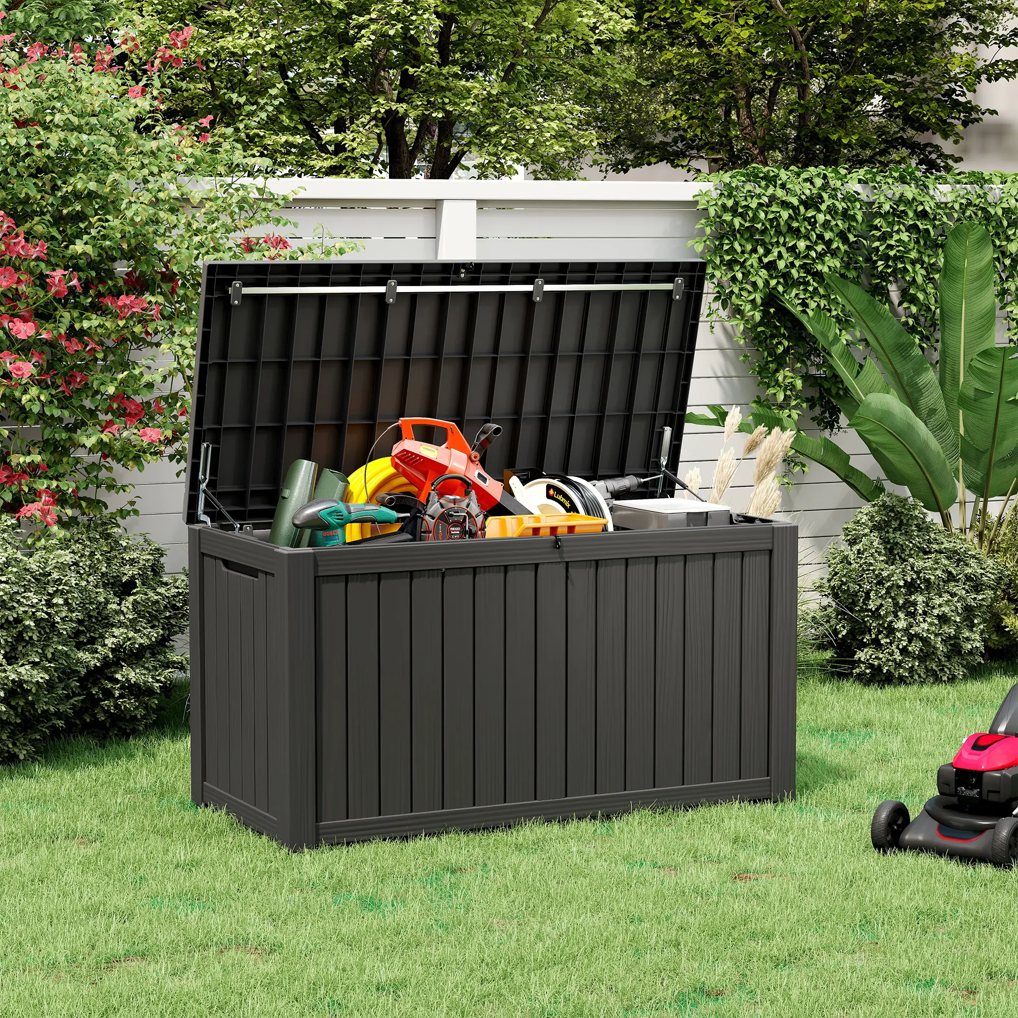 RIWENGO 100/120/180/200/230/320-Gal Waterproof UV-Resistant Resin Outdoor Storage Deck Box Bench, Lockable Woodgrain Lid, Dual-Zone Storage, Stable Steel Frame for Cushions, Garden Tools