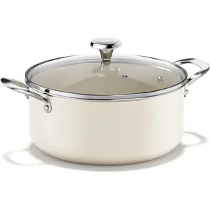 Ceramic Stock Pot with Lid, 5 Qt Nonstick Induction Cooking Soup Pot for All Stoves, Even Heating, Stay-Cool Handles, Oven/Dishwasher Safe, PTFE PFAS Free (Beige)