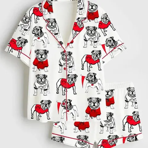 Women's Bulldog Print Satin Pajama Set, Short Sleeve & Long Sleeve 2-Piece Button Down Sleepwear, Christmas Bulldog PJs, Dog Lover Gift