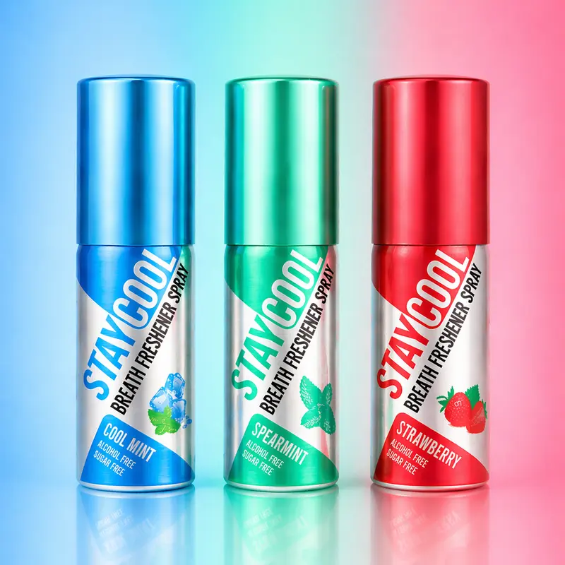STAYCOOL Mouth Spray 3-Pack - Cool Mint, Spearmint, Strawberry Flavors, Vegan, Sugar-Free, Alcohol-Free, Carvone-Infused, Pocket-Sized Oral Care Spray for Adults Anytime, Anywhere