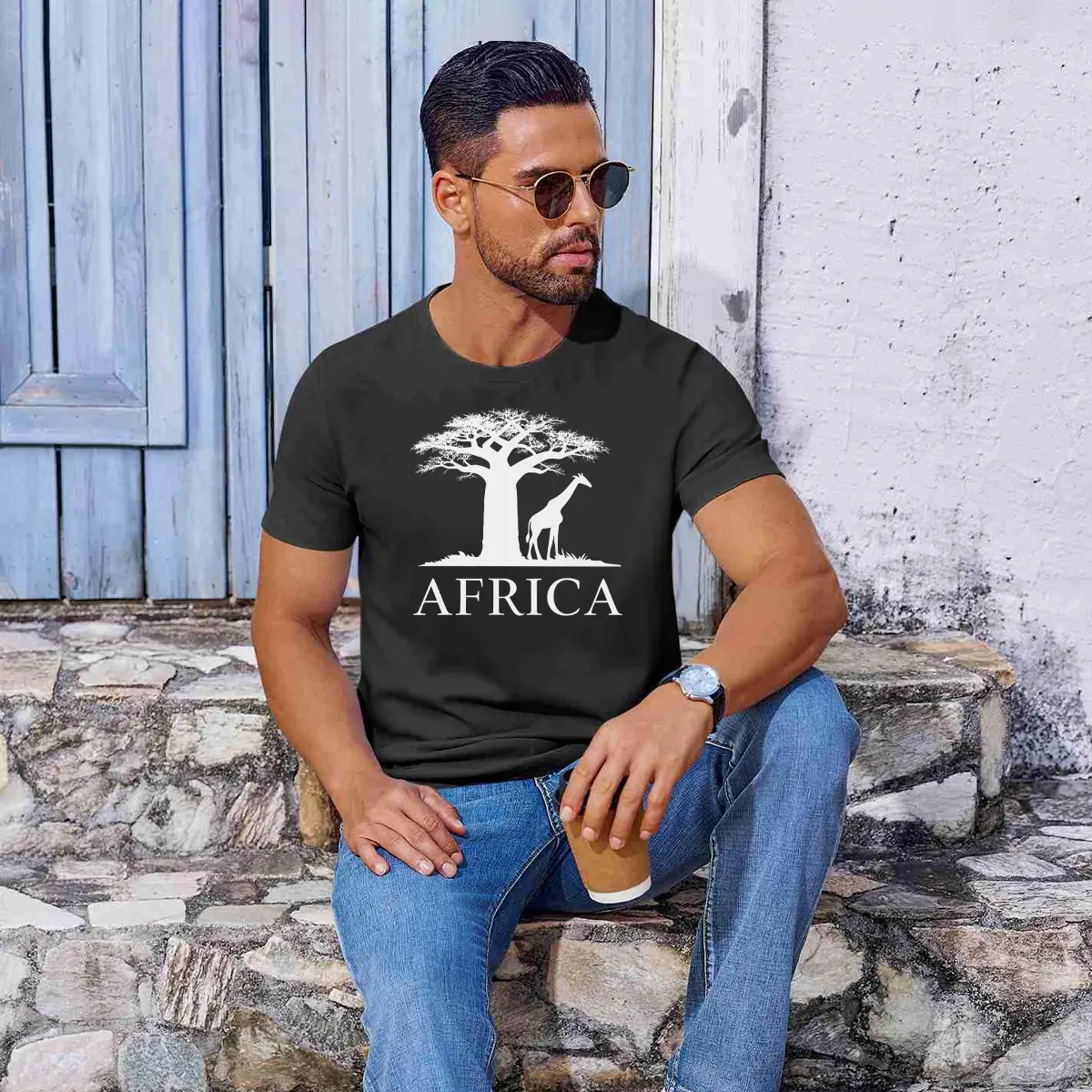 Men's 100% Cotton Oversize Graphic T-Shirt - Short Sleeve, Round Neck, All Seasons Streetwear Top with Baobab Tree & Giraffe Print, Casual African Safari Menswear