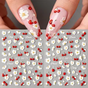 1 Sheet Spring Cherry Blossom 5D Nail Art Stickers, 3D Relief Flower French Manicure Decals, DIY Nail Decoration Accessories, Flower Nails