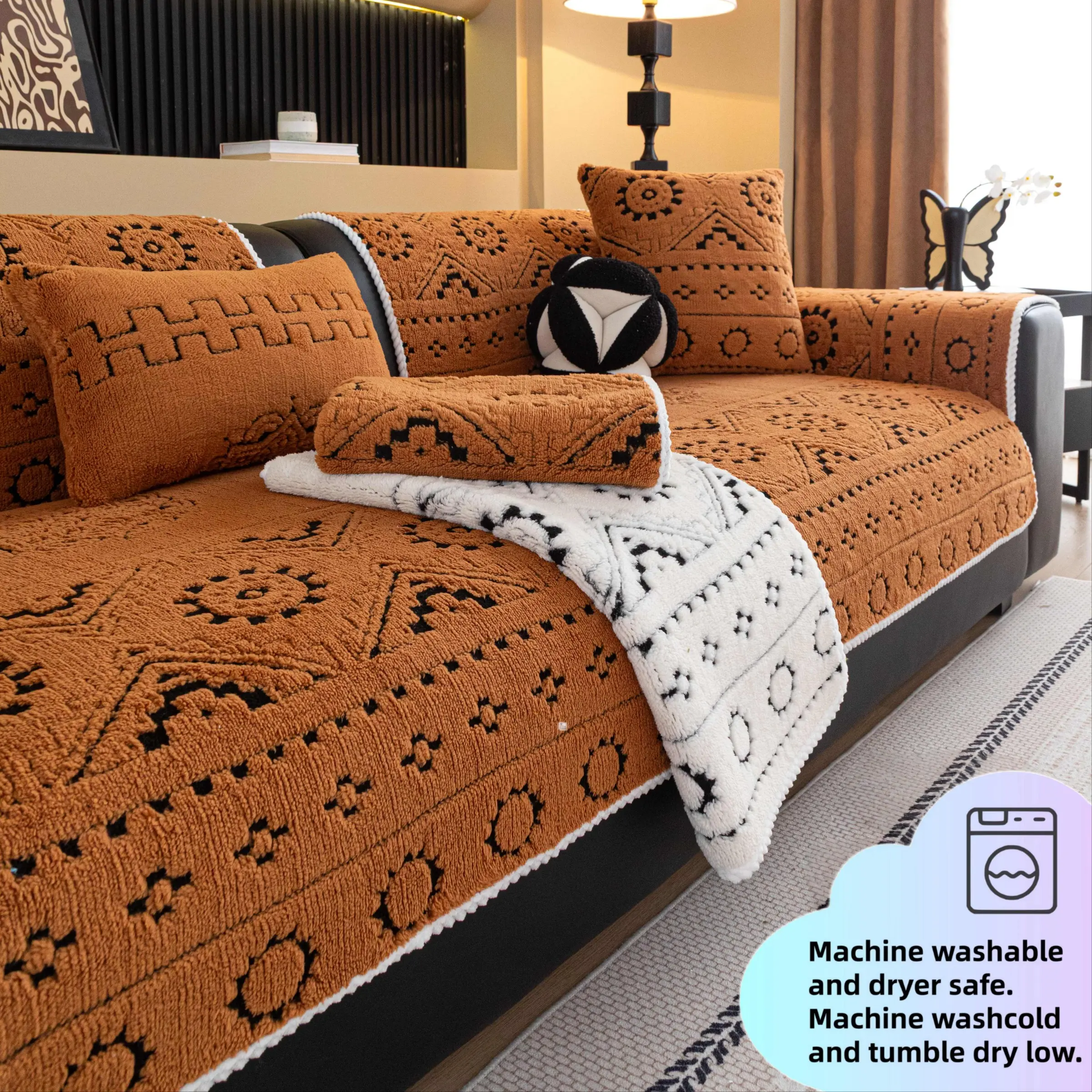 1PC Thickened Sherpa Chenille Sofa Cover, Boho Geometric Pattern Couch Cover, Couch Slipcover, Non-Slip Backing, Sofa Covers Washable, Pet-Friendly Machine Washable Sofa Protector, Anti-Scratch Furniture Protector, Fits 1/2/3/4-Seater, Sectional, L-Shaped