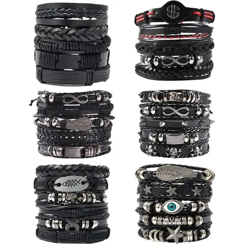 Men's 6-Pack Black Punk Rock Mixed Texture Cuff Bracelets - Handmade PU Leather Adjustable 7-9.5in, Gothic Skulls & Music Alloy Charms, Unisex Fashion Jewelry for Fathers, 90-day Exchange, Choking Hazard Small Parts