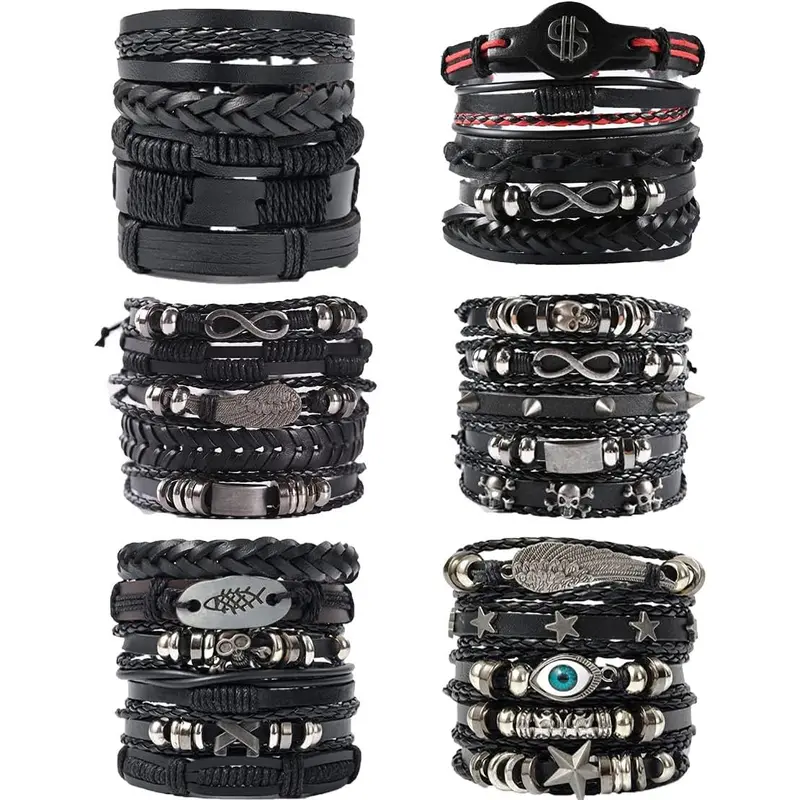 Men's 6-Pack Black Punk Rock Mixed Texture Cuff Bracelets - Handmade PU Leather Adjustable 7-9.5in, Gothic Skulls & Music Alloy Charms, Unisex Fashion Jewelry for Fathers, 90-day Exchange, Choking Hazard Small Parts